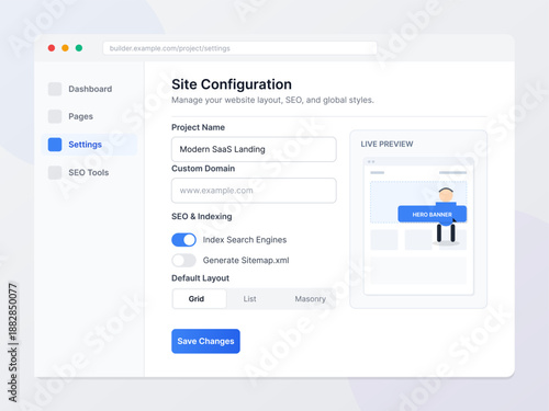 Settings page displays project name and domain, with options to configure SEO settings and layout for a web project. Users can save changes to update settings.