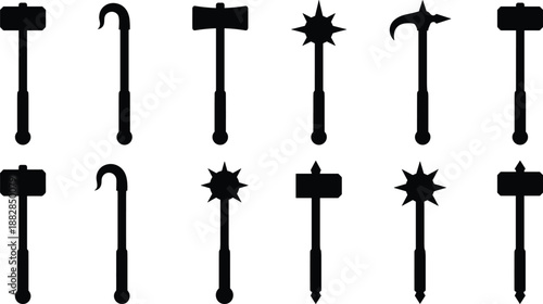Medieval weapon silhouette set with battle hammers, axes, maces and war tools, black fantasy combat icons collection isolated on white background.