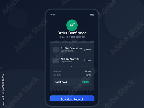 A digital screen shows an order confirmation for a subscription plan. The total amount is calculated with a breakdown of the costs and tax.