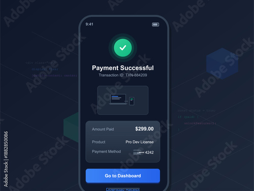 A mobile screen displays a successful payment notification with transaction ID and amount. The screen shows options to view transaction or go to dashboard.