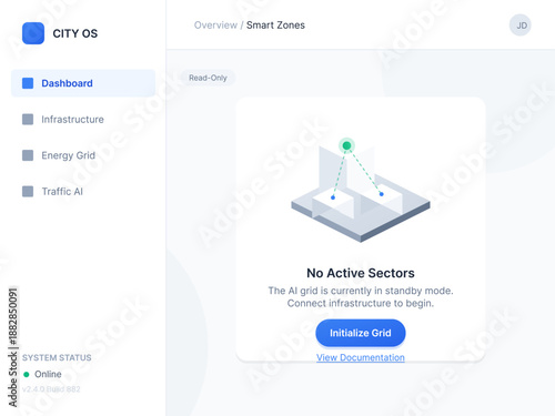 Dashboard display shows no active sectors for City OS. Users can connect infrastructure by choosing options to initialize grid or view documentation for guidance.