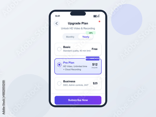 A mobile device displays various subscription plans for video and recording services. Users can choose between Basic, Pro, and Business plans with different features and prices.