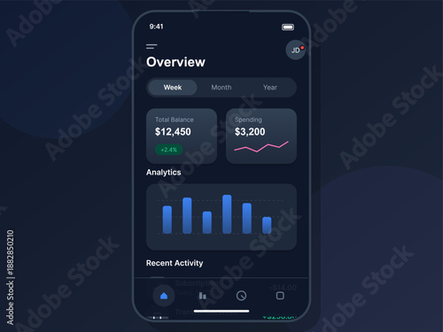 The display shows total balance and weekly spending. Graphs and data present analytics and recent activity on a mobile device screen.