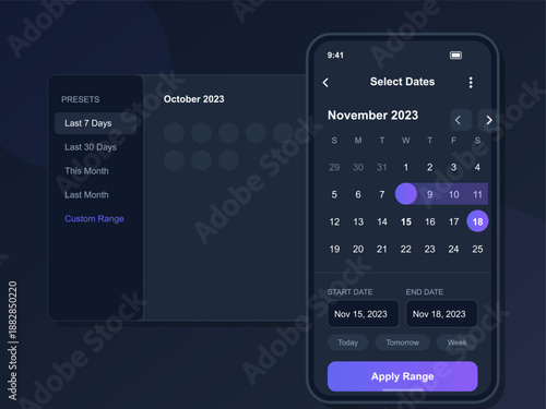 A person is using a mobile device to choose dates for November 2023. The digital calendar shows available options and a custom range feature. The user interacts with the selection.