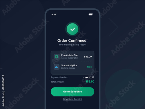 A mobile screen shows a message confirming an order for a training plan. The payment method and total amount are clearly stated. Options for scheduling and downloading a receipt are present.