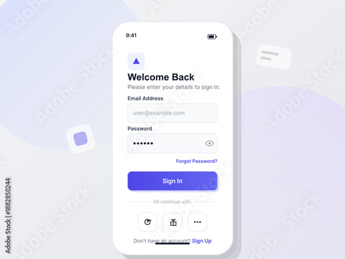 A mobile device shows a login screen with fields for email and password input. There is an option to sign in or to create a new account. The design is simple and modern.