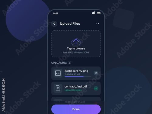 A user uploads multiple files on a mobile device. The screen shows file names, sizes, and the upload status for each item. The background is dark and simple.