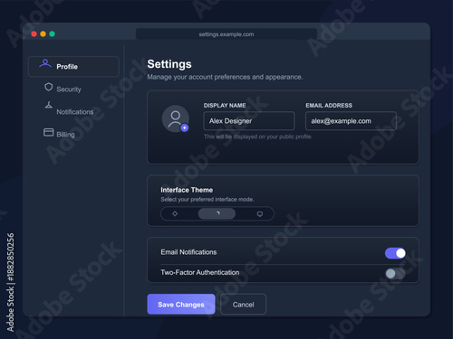 A user views their profile settings on a website. The display name and email address are shown. Options for interface theme and two-factor authentication are present.