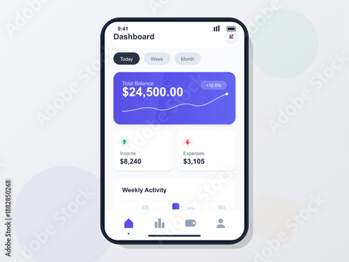 A person looks at a financial dashboard on a smartphone. The screen displays total balance, income, expenses, and weekly activity. The interface is clear and organized for easy reading.