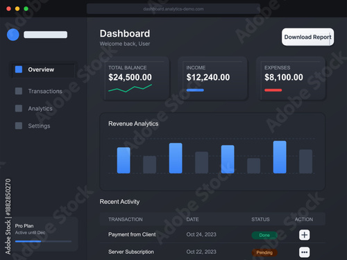 Dashboard displays total balance, income, and expenses. Recent activity lists transactions and their statuses. User can download report and view analytics.