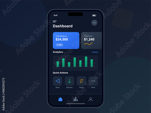 A mobile phone shows a financial dashboard with total balance, expenses, and charts. Users can view analytics and perform quick actions for sending or receiving money.
