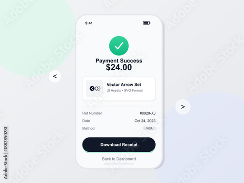 A payment confirmation shows a transaction of 24 dollars marked as successful. It includes a reference number and offers a button to download the receipt.