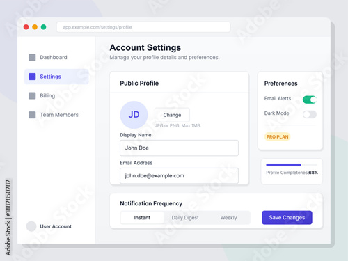 A user views the account settings page on a computer screen. The page displays fields for profile information and options for notification preferences.