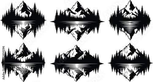Mountain lake reflection silhouettes collection, alpine peaks mirrored on water with pine forest scenes, black vector illustrations for adventure, travel, logo, and outdoor nature design
