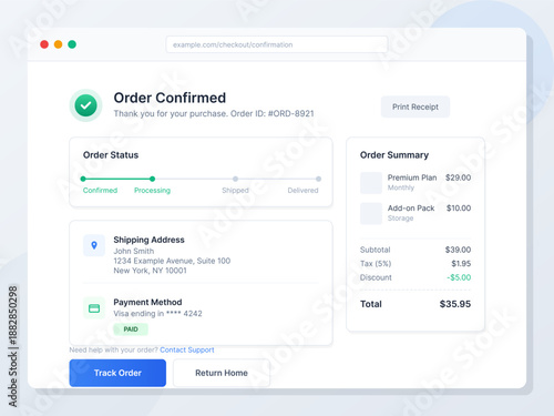Order confirmation displays the status of a purchase. It includes the shipping address, payment method, and a summary of charges for the order.