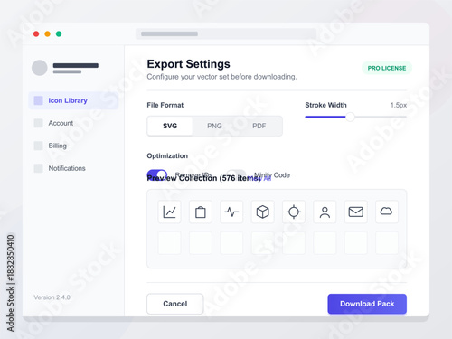 A user configures export settings for a vector file collection. The window shows options for file format, stroke width, and a download button at the bottom.