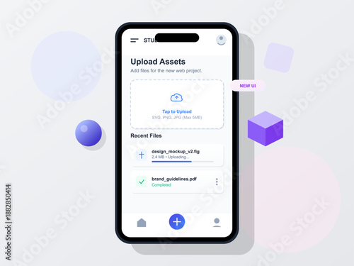 User interacts with mobile application to upload files for a web project. The screen displays upload options and recent files.
