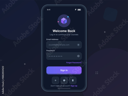 A mobile device displays a login screen for an online learning platform. The screen shows fields for email and password, along with options to sign in or sign up.