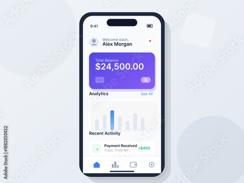 A smartphone shows a financial application on its screen. The app displays the user's total balance and recent payment activity. The interface includes charts and buttons for navigation.