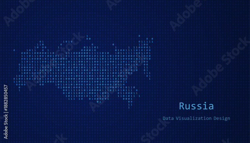 Russia map made of binary code on tech blue background