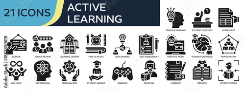 Collection of Active Learning icons, related to Creative Thinking, Learning Center, Idea Sharing, Teaching, Personalized and more. Glyph icons vector illustation.