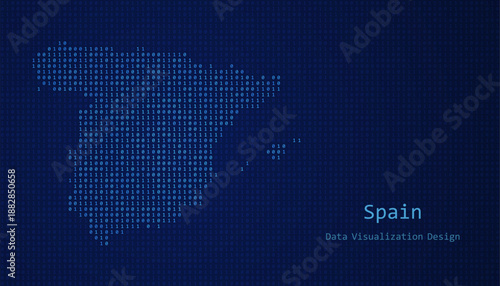 Spain map made of binary code on tech blue background