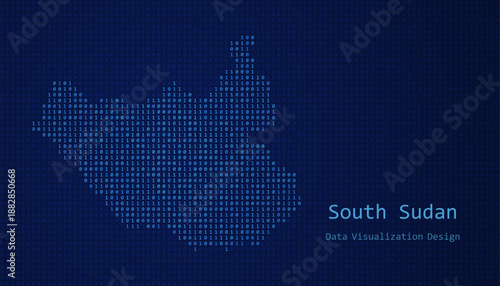 South Sudan map made of binary code on tech blue background