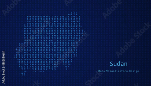 Sudan map made of binary code on tech blue background