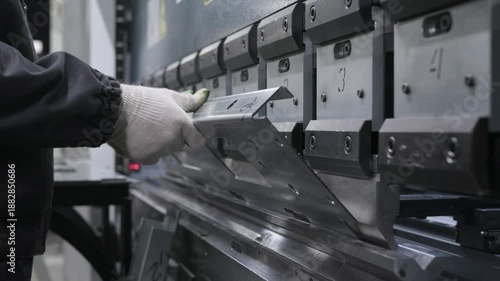 Worker operating sheet metal bending machine in factory