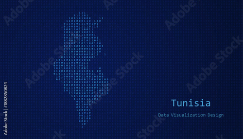 Tunisia map made of binary code on tech blue background