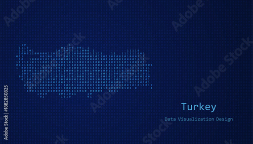 Turkey map made of binary code on tech blue background