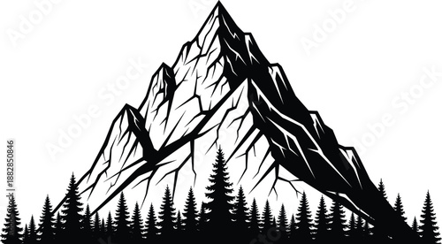 Mountain peak silhouette illustration, dramatic alpine summit with pine forest foreground, rugged wilderness scene, black vector artwork for adventure, travel, logo, and outdoor design