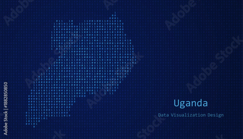 Uganda map made of binary code on tech blue background
