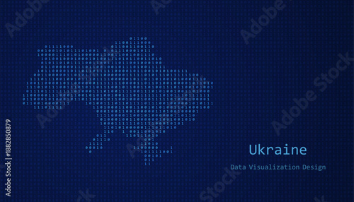 Ukraine map made of binary code on tech blue background