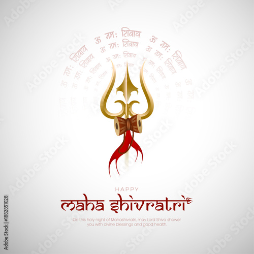 Happy Maha Shivratri Trishul Illustration with Om Namah Shivaya Mantra, Maha Shivratri Greeting Background with Golden Trishul, vector illustration.
