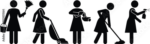 Female cleaning worker silhouette set with vacuum, mop, bucket and spray bottle, housekeeping maid pictograms for sanitation service, isolated on white.