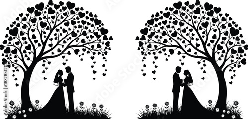 Romantic wedding couple silhouettes under heart shaped love tree, elegant marriage illustration, black vector artwork for invitations, anniversaries, valentines, and decor
