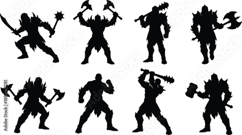 Orc warrior silhouette set with brutal fantasy barbarian fighters holding axes, swords and clubs, black game character collection isolated on white background.