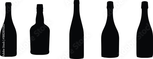 Wine and champagne bottle silhouettes set, black glass bottle shapes collection for alcohol packaging design, beverage branding mockup, isolated on white background.
