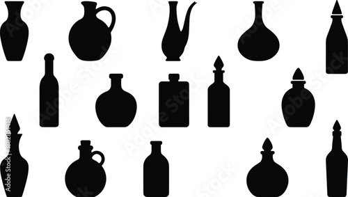 Vintage bottle and vase silhouette set with glass containers, perfume flasks and jar shapes, black vector icons collection isolated on white background.