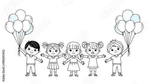 a delightful black and white illustration showcases several children happily holding bunches of colorful balloons aloft