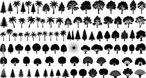 Tree silhouettes mega collection, tropical palm and forest shapes set, diverse botanical nature bundle, black vector icons for landscape, park, and design projects