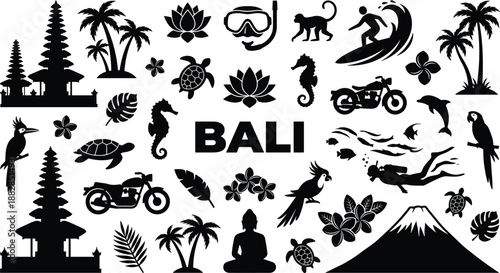 Bali travel silhouette icons set with temple, palm trees, surfing, diving, sea turtle, dolphin and tropical nature symbols, black vector collection isolated.