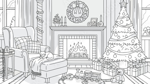 a detailed black and white drawing depicts a cozy living room decorated for christmas with a fireplace and