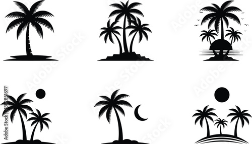 Tropical palm tree silhouettes collection, island beach scenes with sun and moon, minimalist black vector illustrations for summer travel, vacation branding, logos, and coastal design