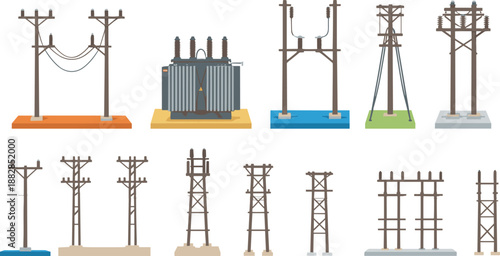 Electric power transmission and distribution poles towers transformers set isolated electricity infrastructure elements flat vector illustration