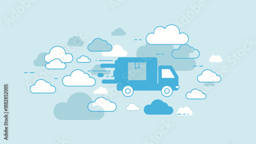 Express Delivery Truck Flying Through Clouds, Fast Shipping, Online Order, Minimal Design