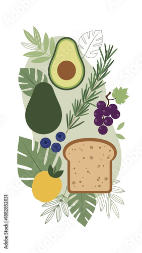 Fresh Breakfast Assemblage Depicting Avocado, Berries, Grapes, Toast, and Leafy Embellishments