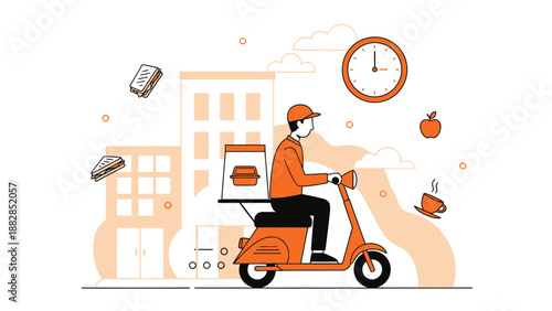 Express Food Delivery Service Illustration: Scooter Dispatching Meals Across The Cityscape