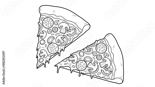 a detailed black and white line drawing depicts two slices of pizza with toppings like pepperoni and mushrooms